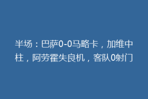 半场：巴萨0-0马略卡，加维中柱，阿劳霍失良机，客队0射门
